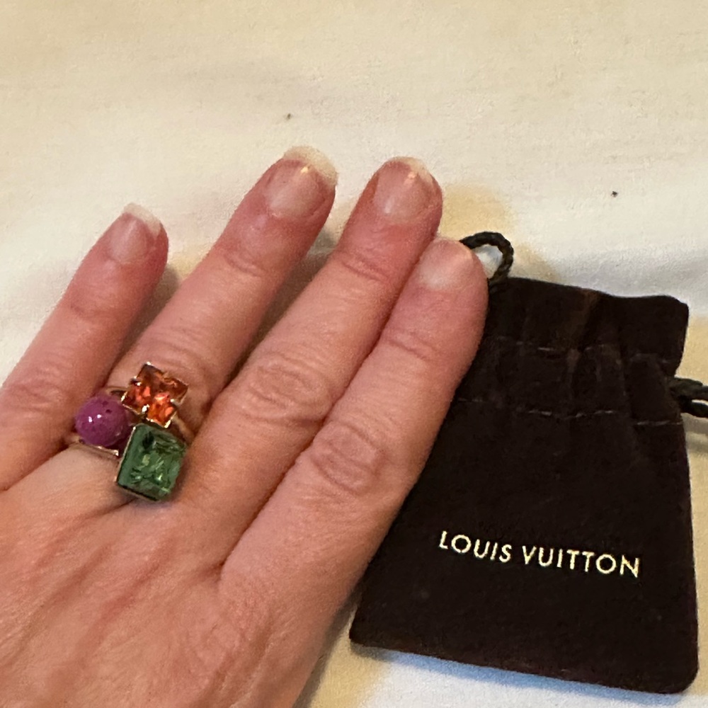 Louis Vuitton set of three gold tone multicolor rings. Size 6.5